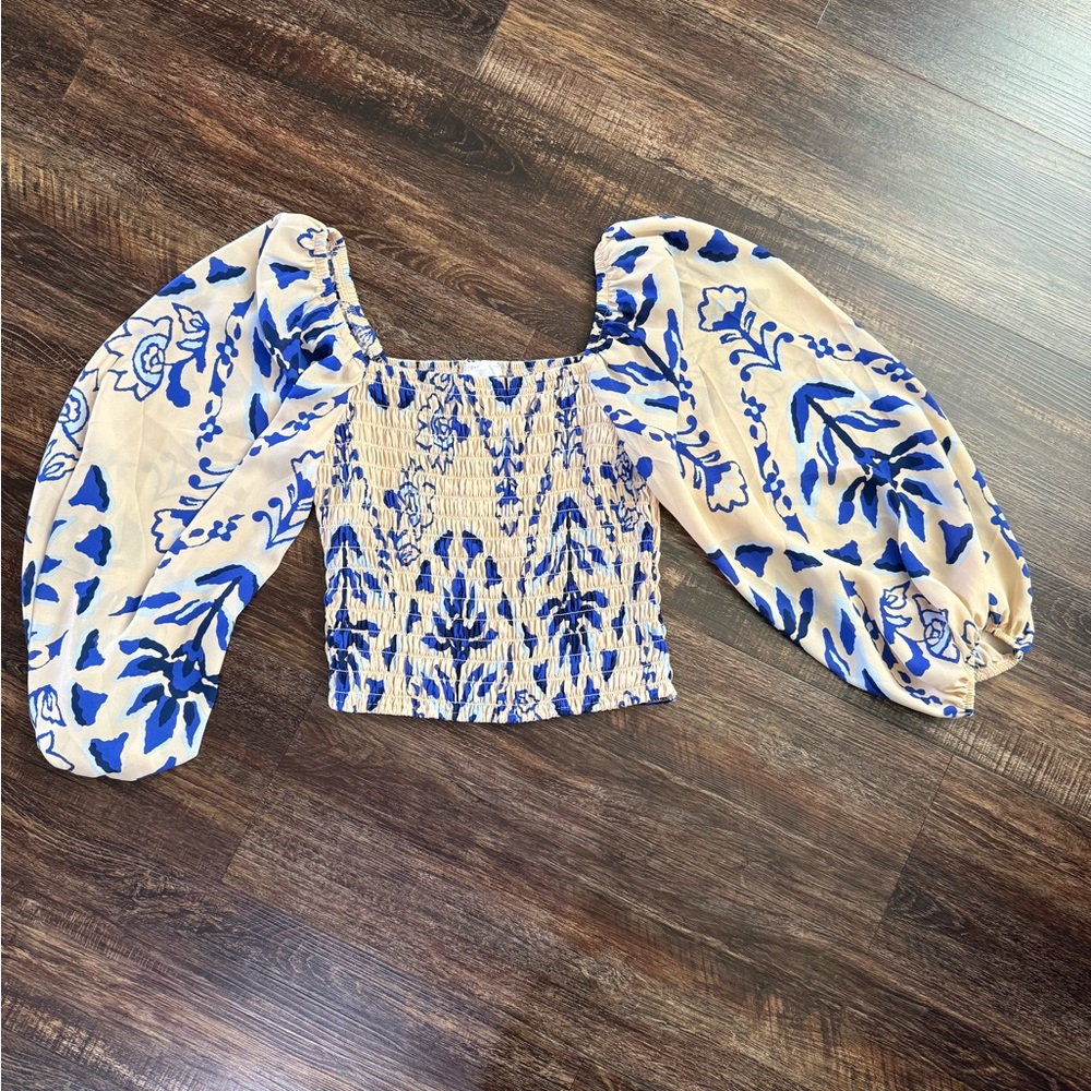 Sienna Sky Blue Floral Smocked Puff Sleeve Crop Top